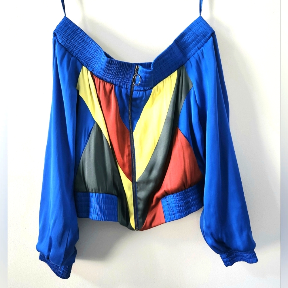 BCBGMaxazria Bomber Zip Jacket Blue Off Shoulder Colorblock Flora Size XXS (B14)
